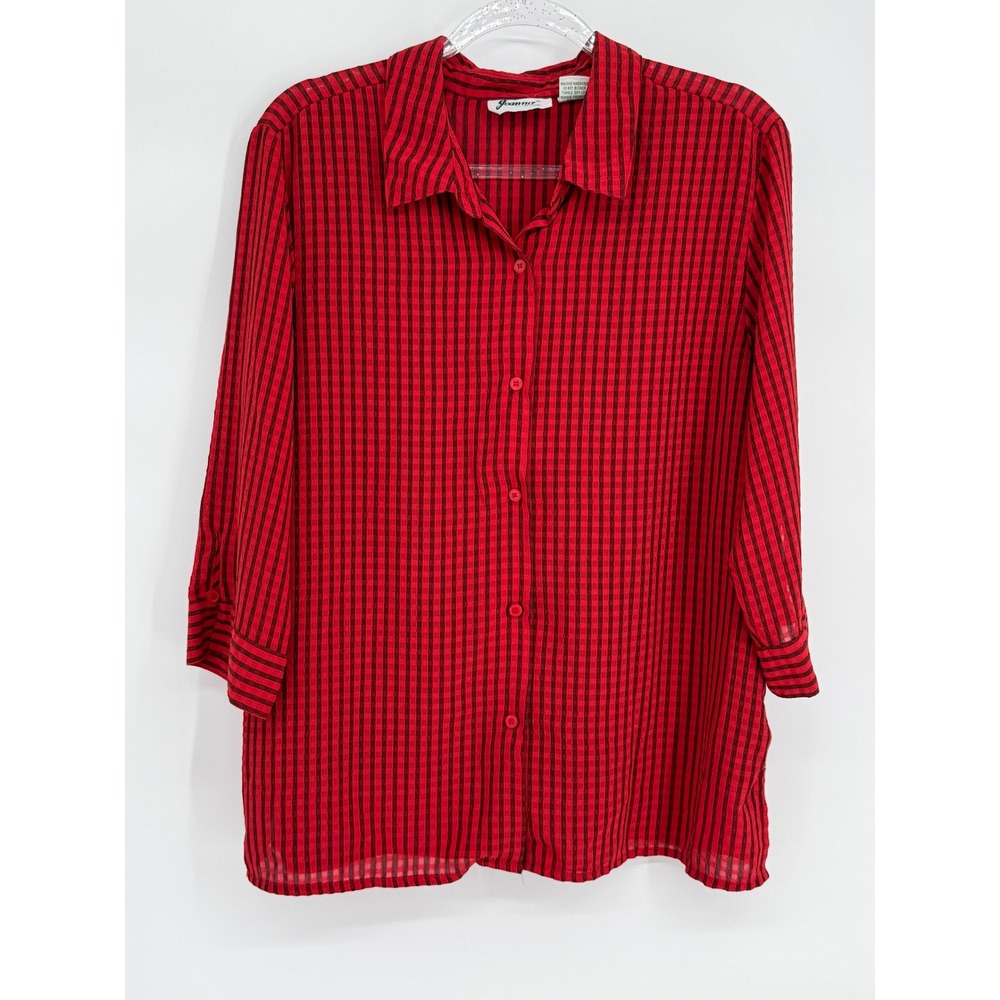 Joanna Womens Sz XL Red Black Striped Button Down Blouse 3/4 Slv Textured Shirt